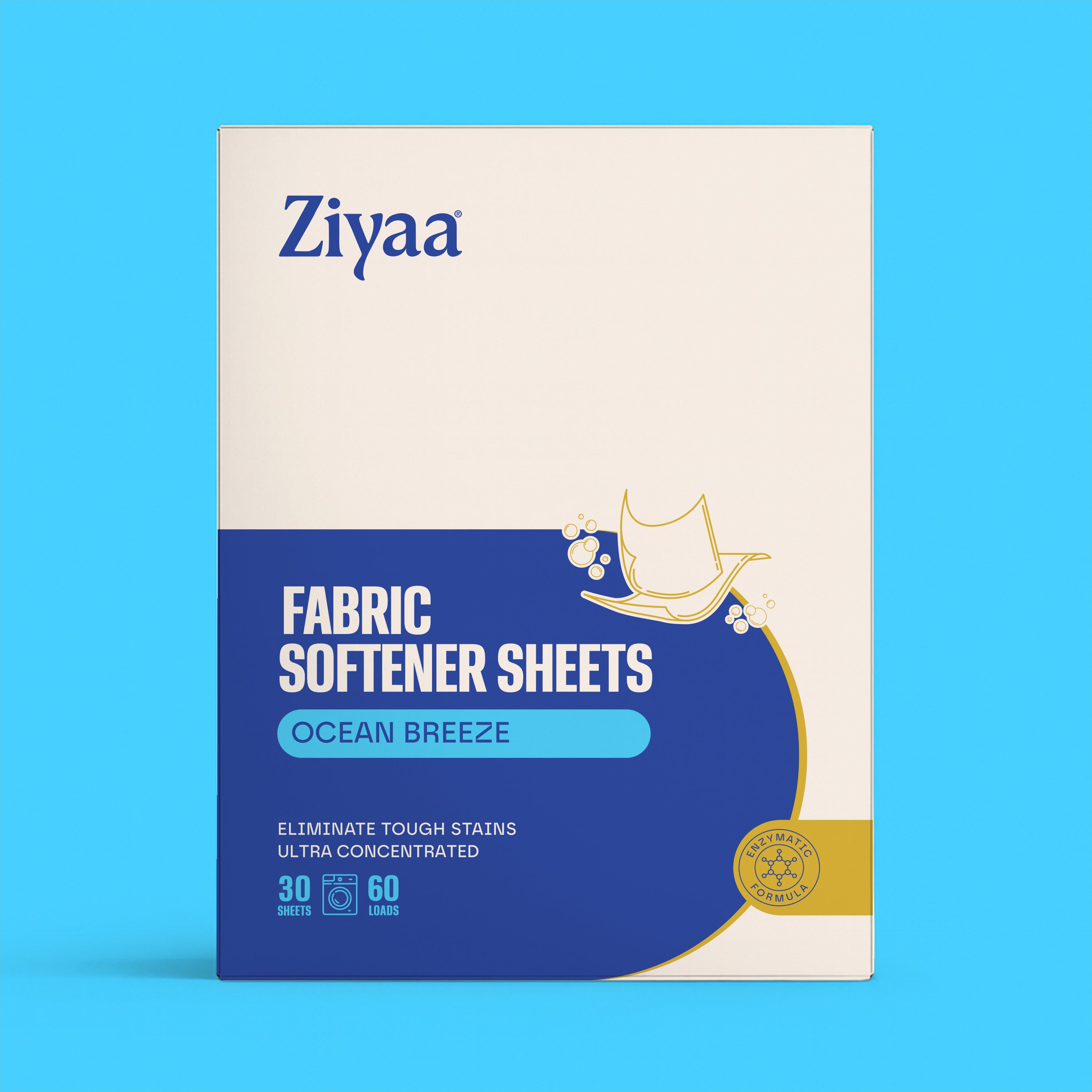 Ziyaa fabric softener sheets packaging on a blue background