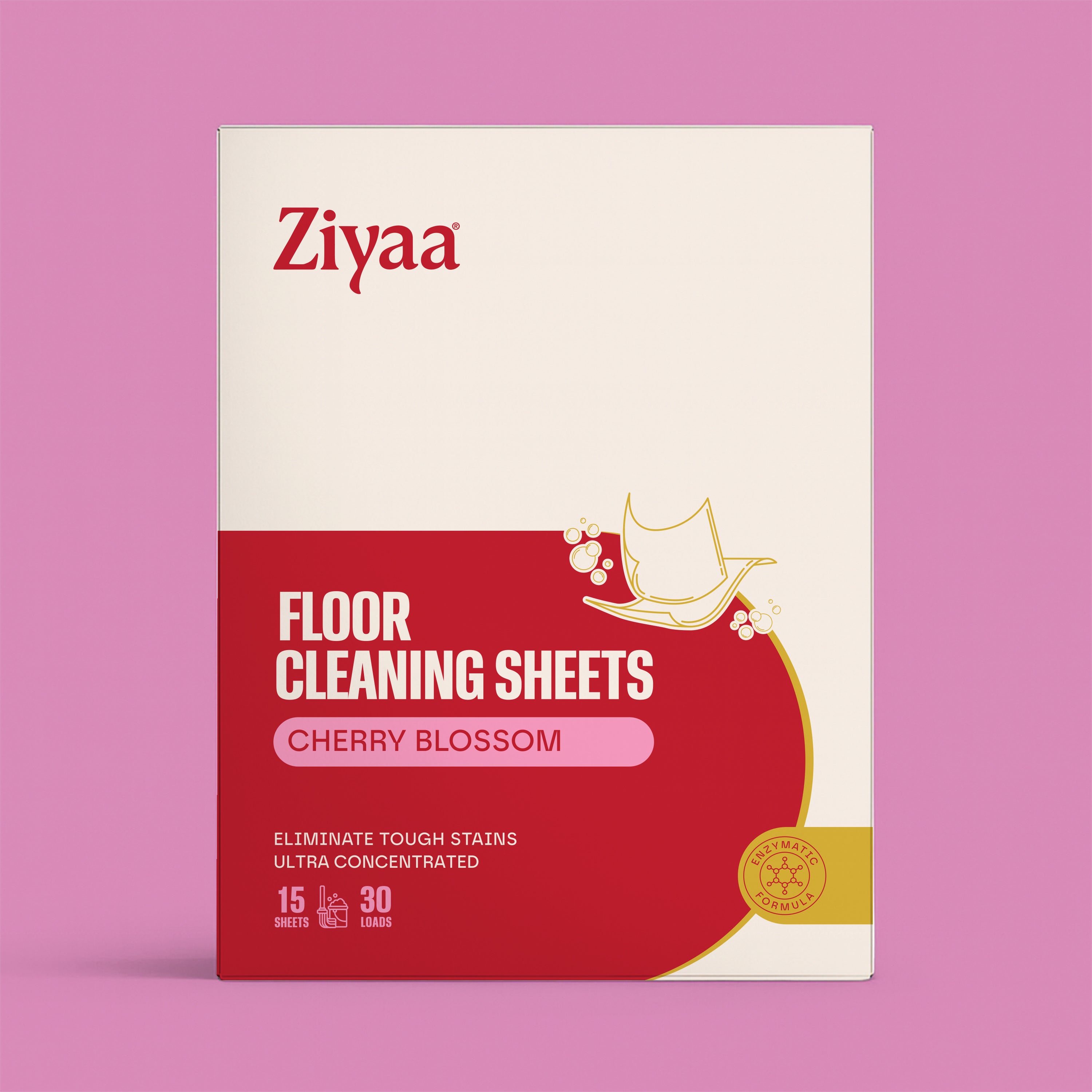 Ziyaa floor cleaning sheets packaging with cherry blossom scent on a pink background