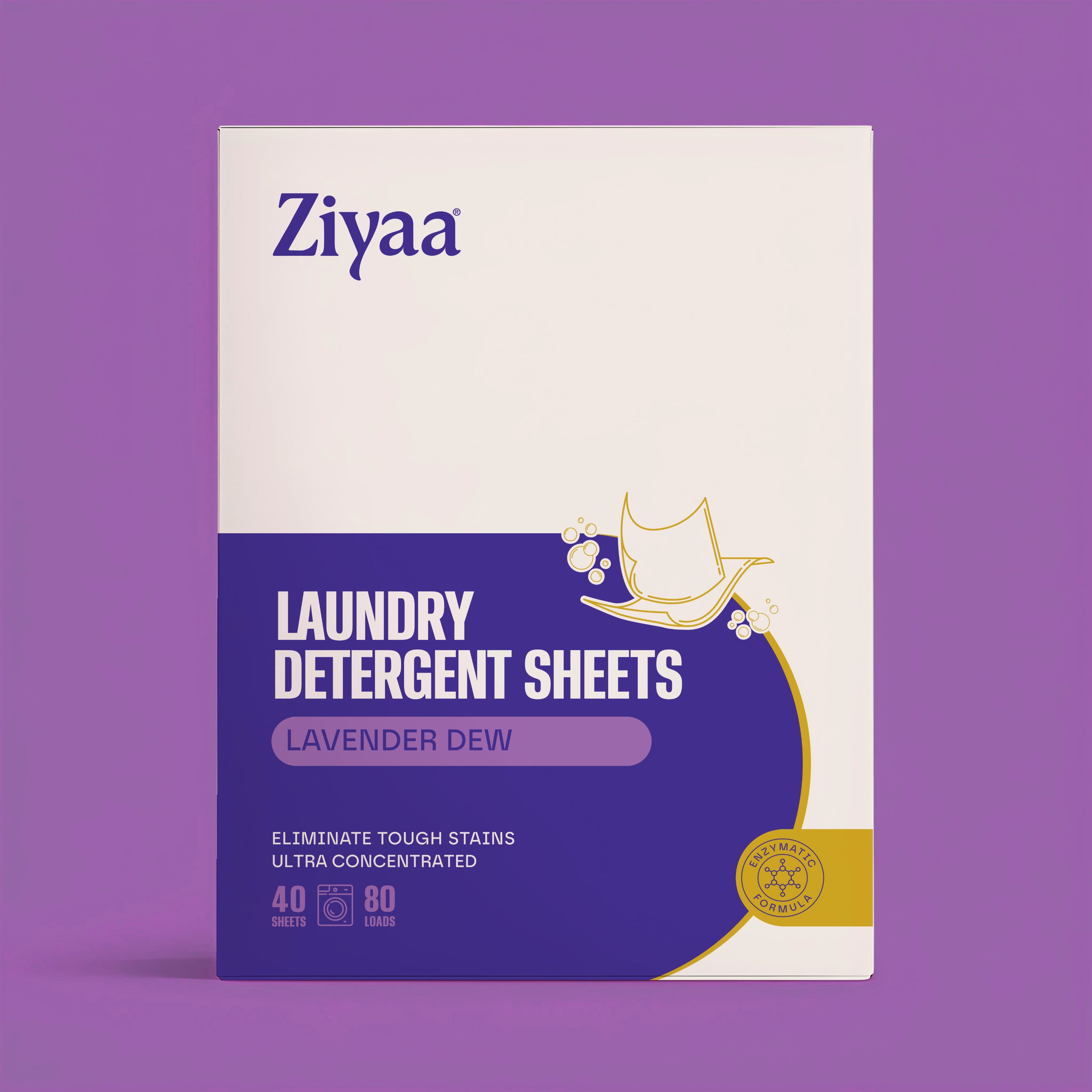 Ziyaa laundry detergent sheets packaging on a purple background