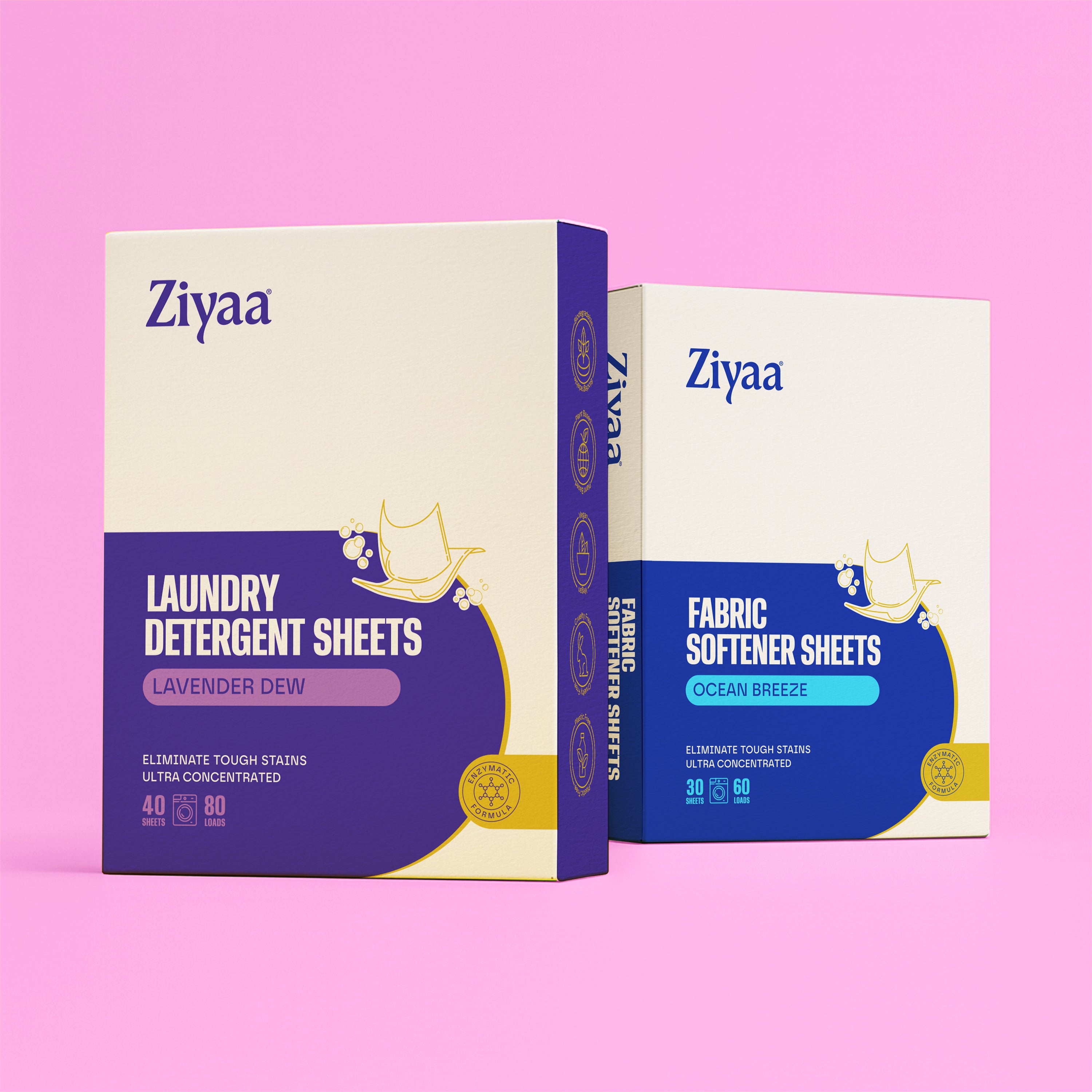 Two boxes of Ziyaa laundry and fabric softener sheets on a pink background
